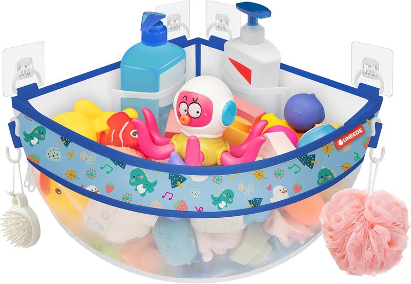 UNEEDE 4.32 Gallons Dinosaur Print Corner Bath Toy Storage | Blue Mesh Shower Caddy with Quick Drain & Bottom Zipper - Image 1